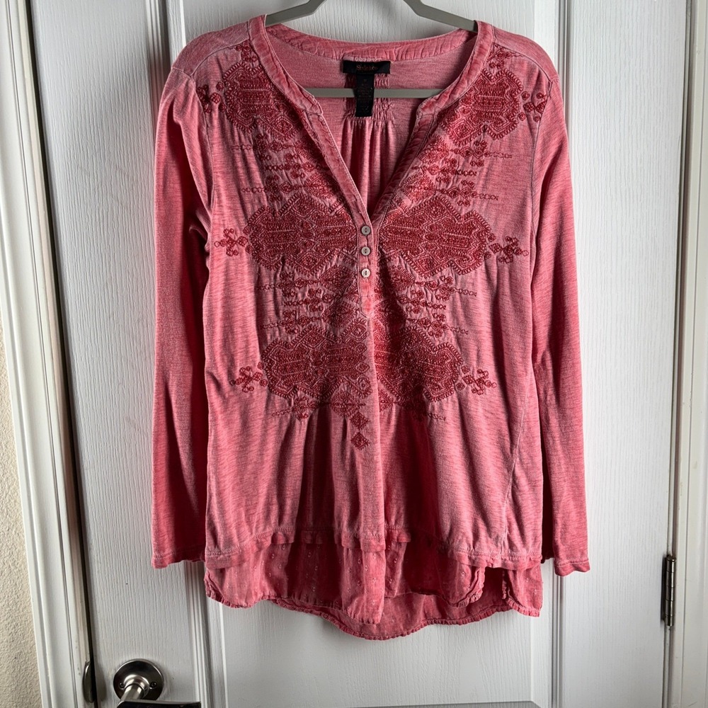 Style & Co Pink Embroidered Henley Top Roll Tab Sleeve Smocked Back Medium